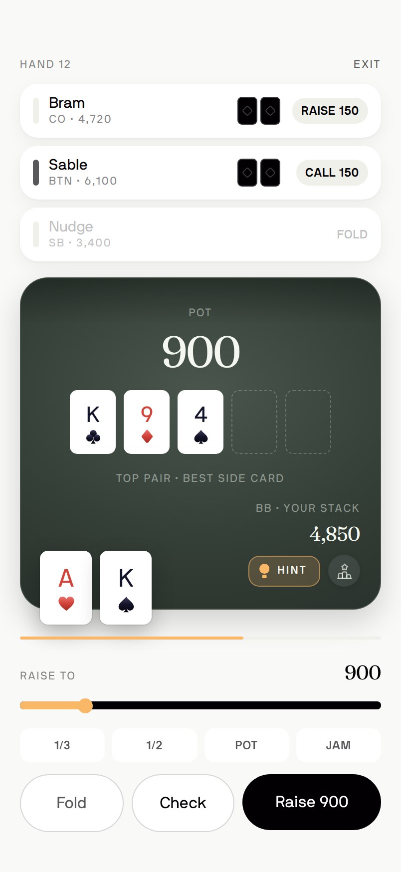 A hand in Wheelhouse: the pot, the board and your two cards, with Fold, Check and Raise below.